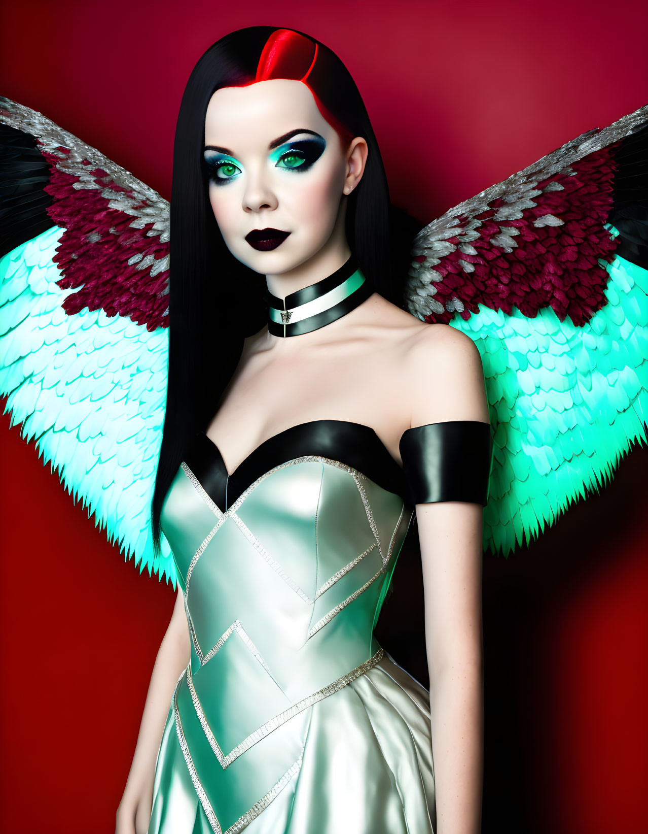 Dark-haired person in futuristic outfit with bird wings on red background