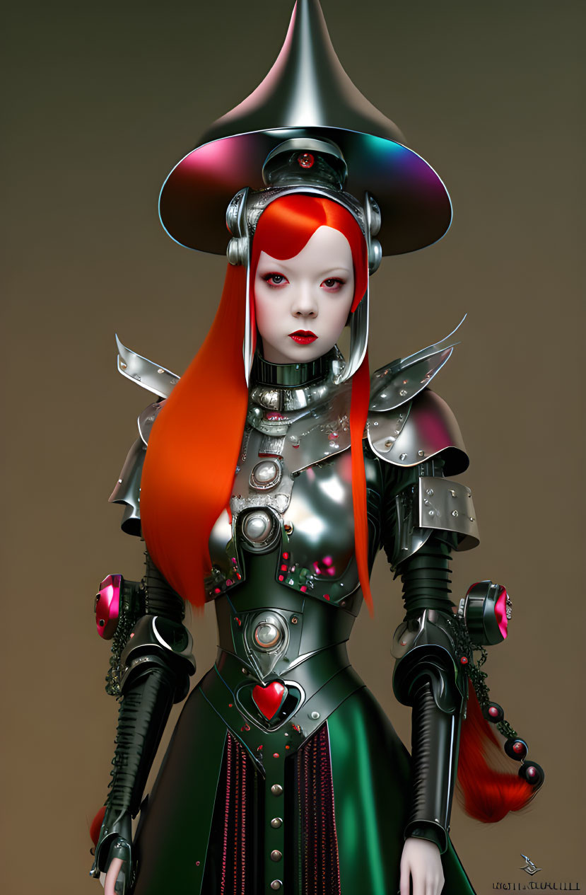 Female figure in futuristic knight armor with red hair.