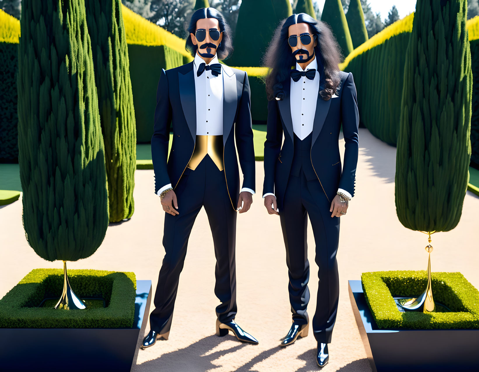 Stylish men in black tuxedos with yellow-gold accessories in hedge garden