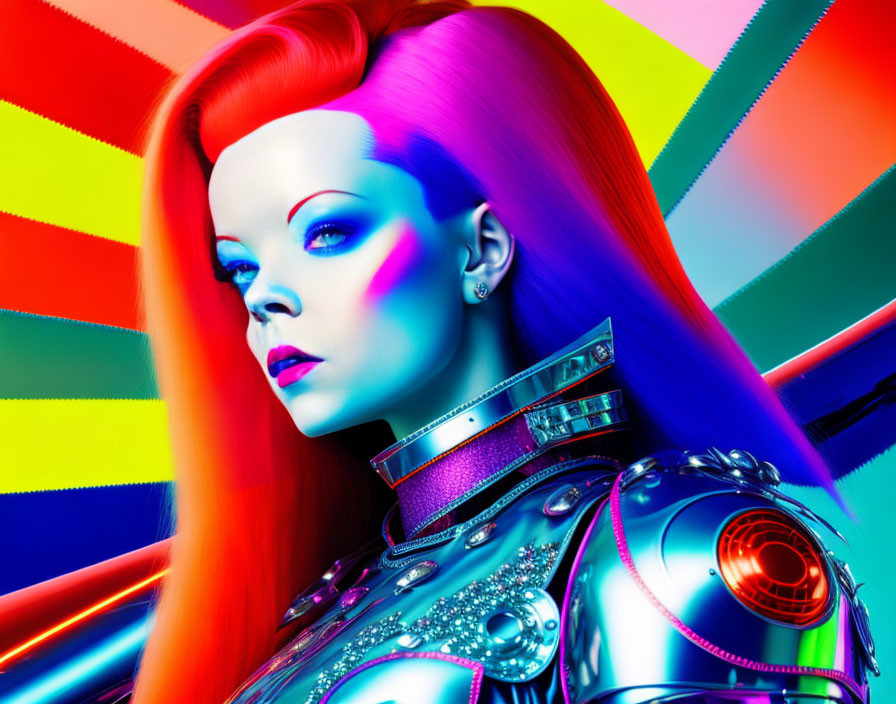 Colorful Female Robot Portrait in Cyberpunk Style