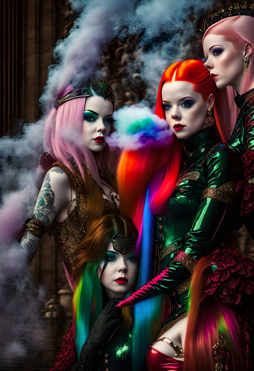 Four Women in Vibrant Hair and Fantasy Costumes Surrounded by Colored Smoke