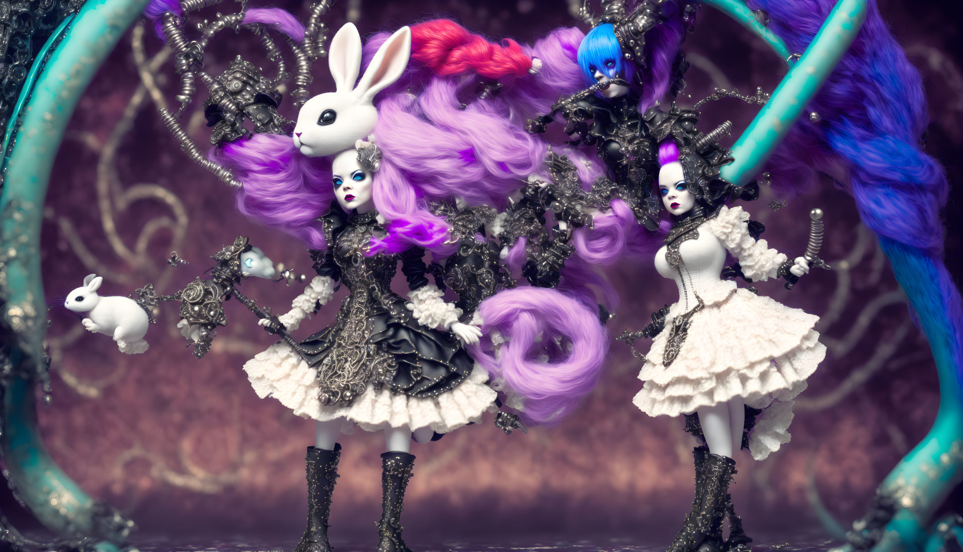 Gothic-style dolls in elaborate dresses with whimsical accessories under purple hue