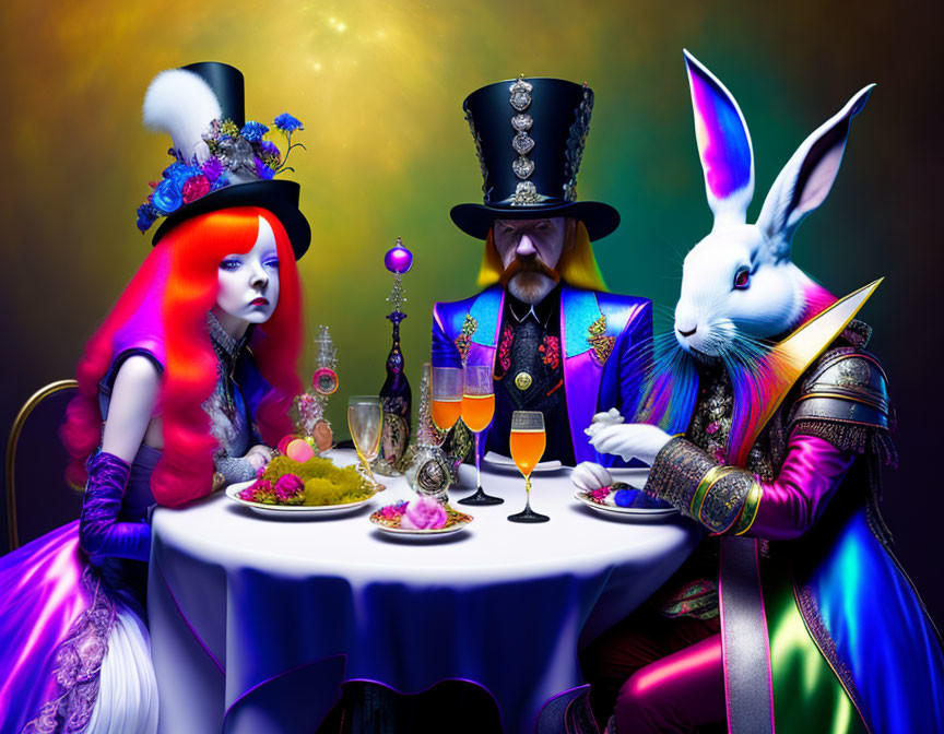 Vibrant tea party scene with red-haired female, top hat male, and armored white rabbit at