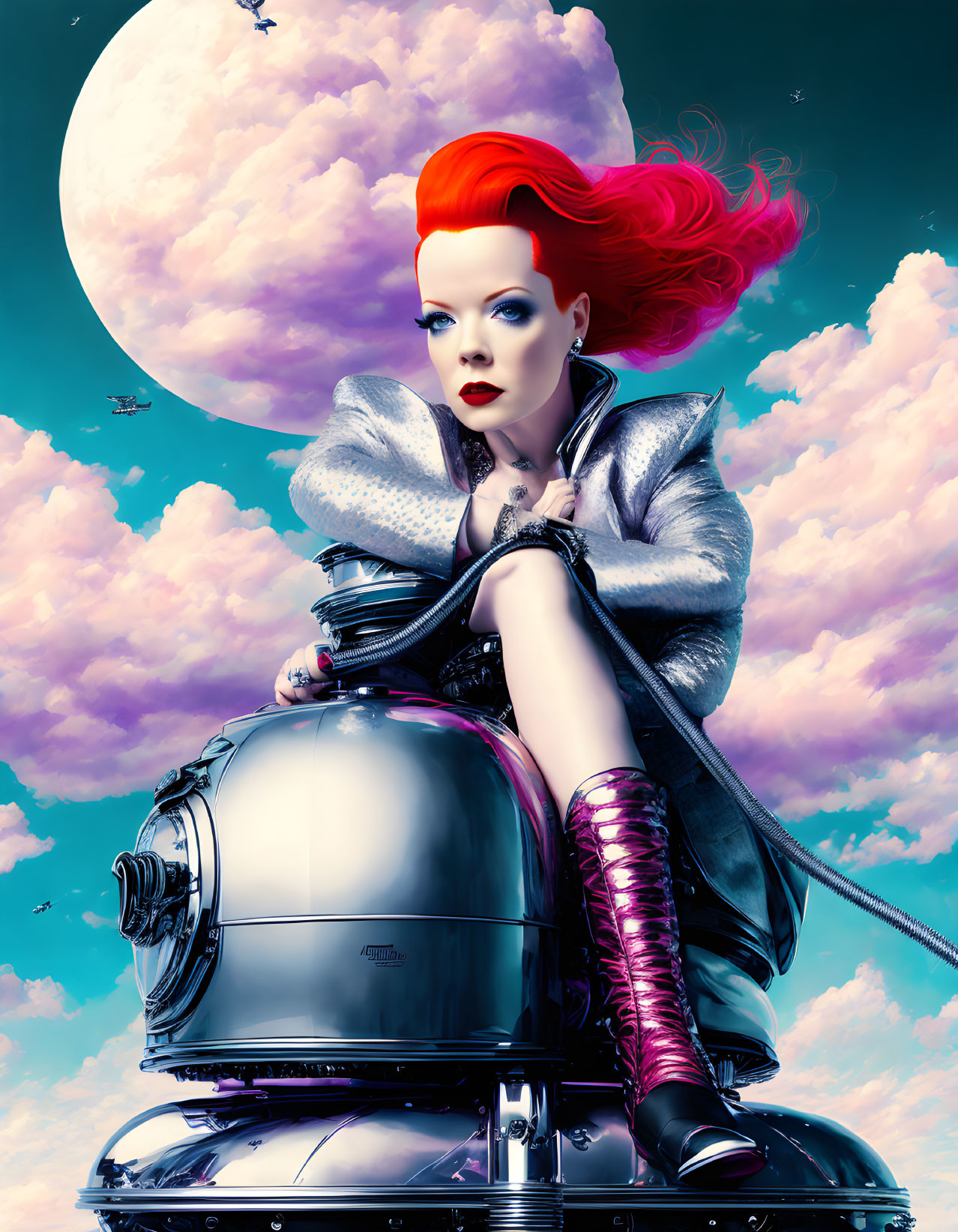 Futuristic artwork: person with red hair, silver jacket, pink boots, on mechanical device under