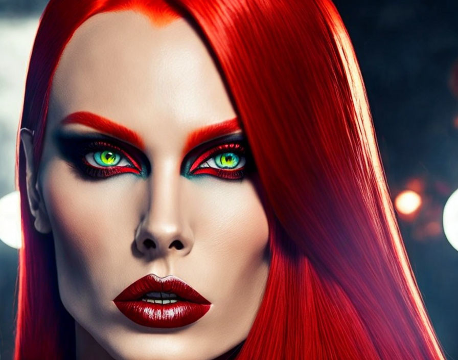 Close-up Portrait: Bright Red Hair, Green Eyes, Red Eyeshadow