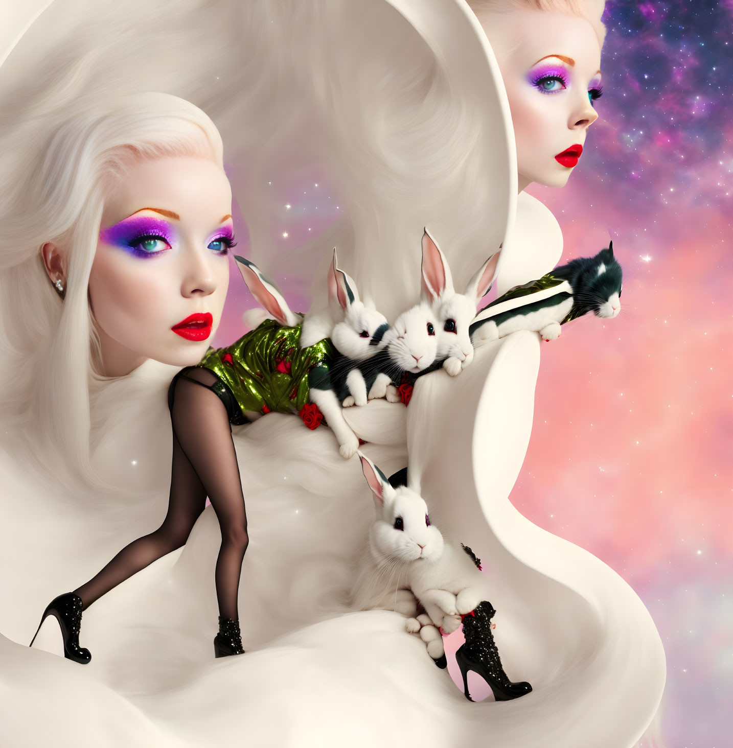 Stylized women with white hair and bright makeup surrounded by rabbits in dreamy pink setting