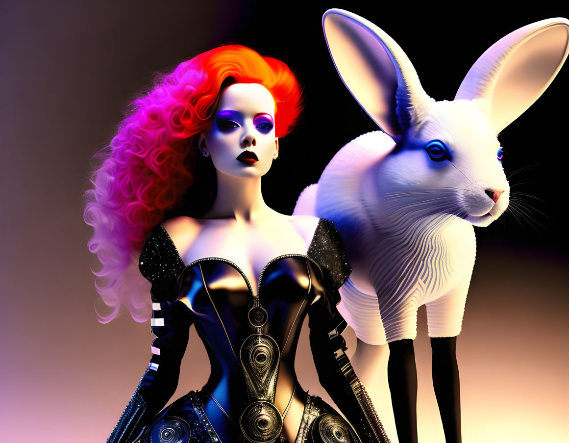 Vibrant red-haired woman with black corset beside surreal white rabbit