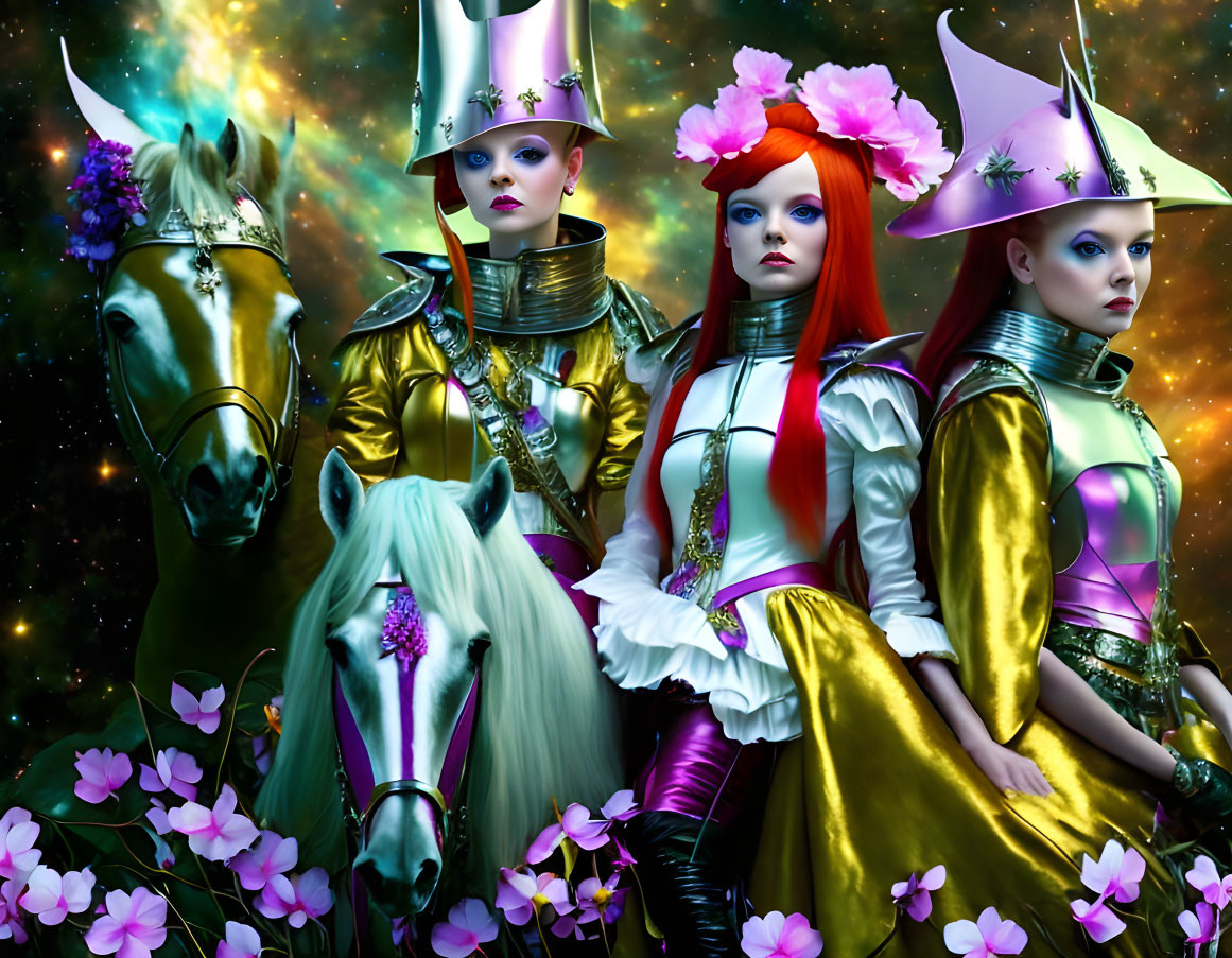 Vibrant futuristic outfits on women with adorned horses in cosmic setting