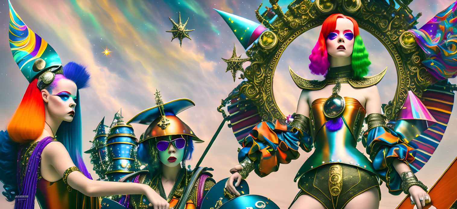 Colorful surreal image of two female figures in futuristic armor and elaborate headdresses against cosmic sky.