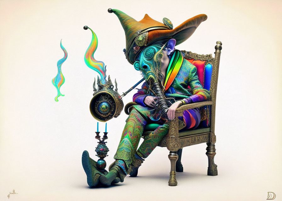 Colorful surreal creature with elephant-like features holding a staff in a chair.