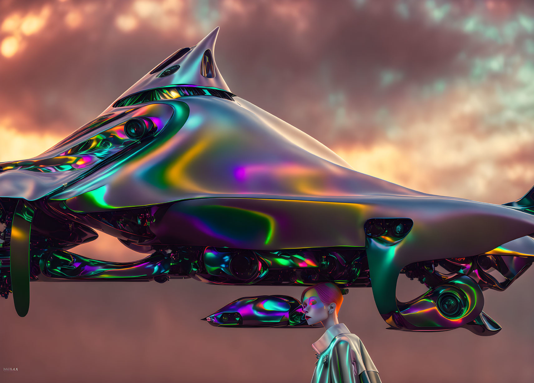 Iridescent futuristic vehicle hovers over woman in cloudy sky