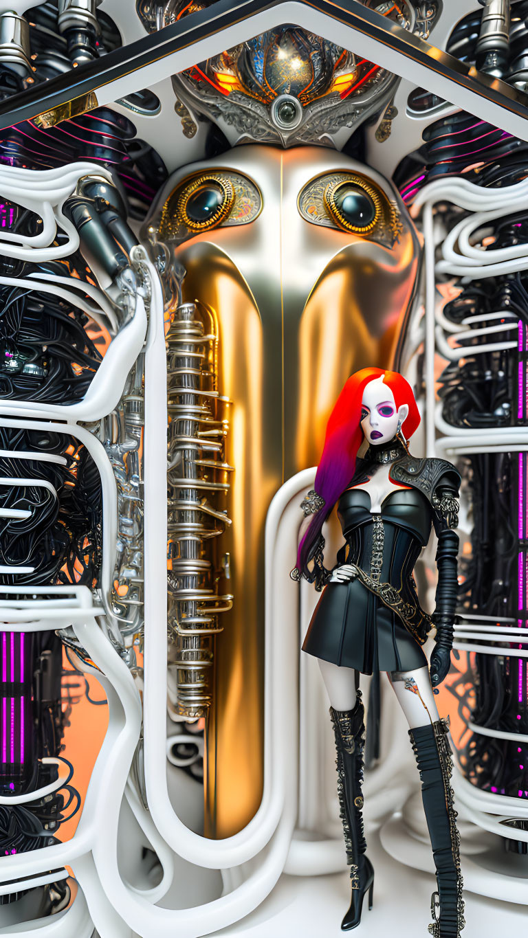 Stylized futuristic female cyborg in red and white hair, leather attire, and thigh-high boots