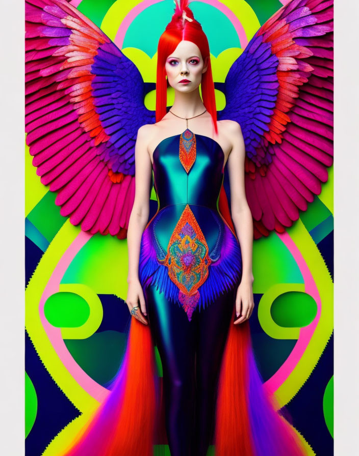 Vibrant red-haired woman in colorful bodysuit with peacock feather design against psychedelic backdrop