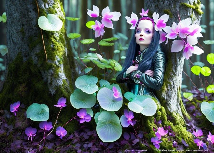 Surreal blue-skinned woman with purple flowers in fantastical forest
