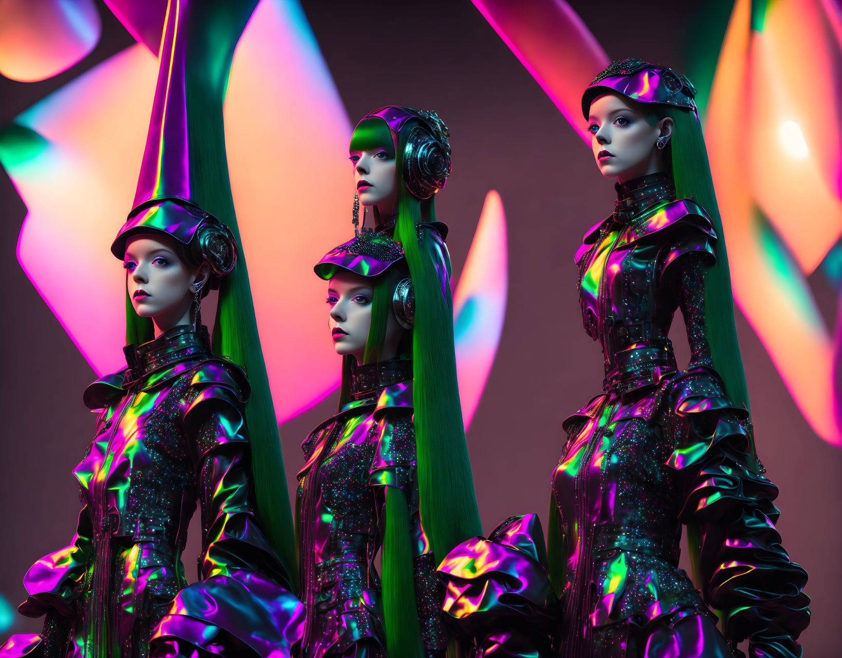 Four green-haired futuristic mannequins in metallic outfits on colorful abstract backdrop
