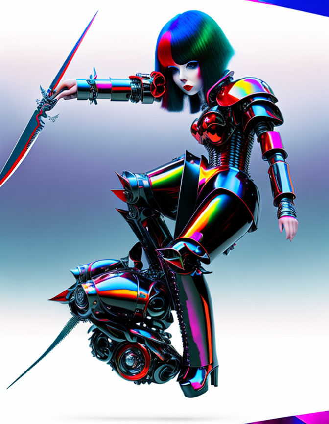 Colorful Female Robot with Sword on Gradient Background