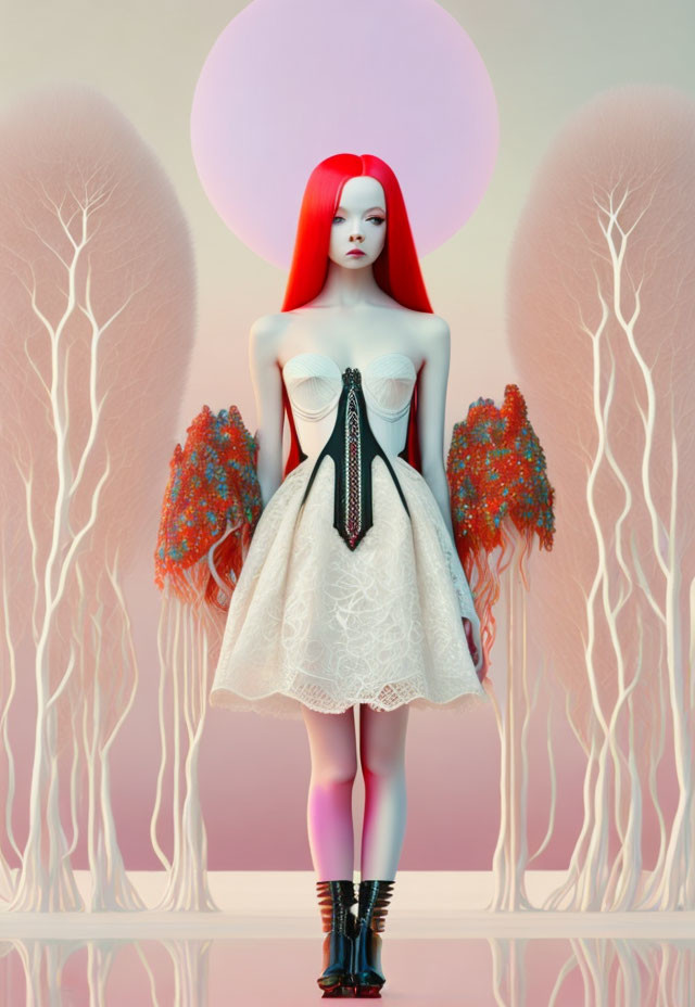 Vibrant red-haired female figure in surreal setting