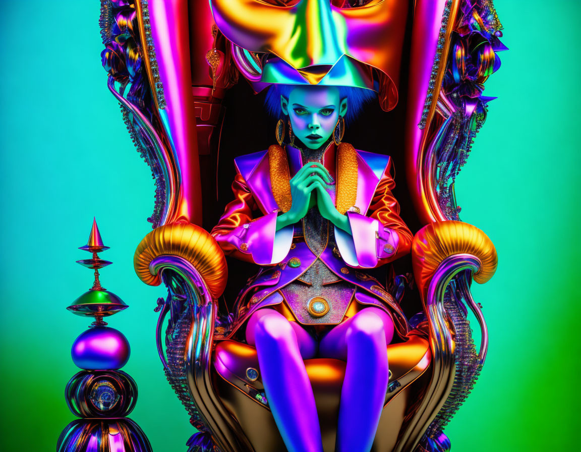 Surreal artwork: Stylized blue character on ornate throne