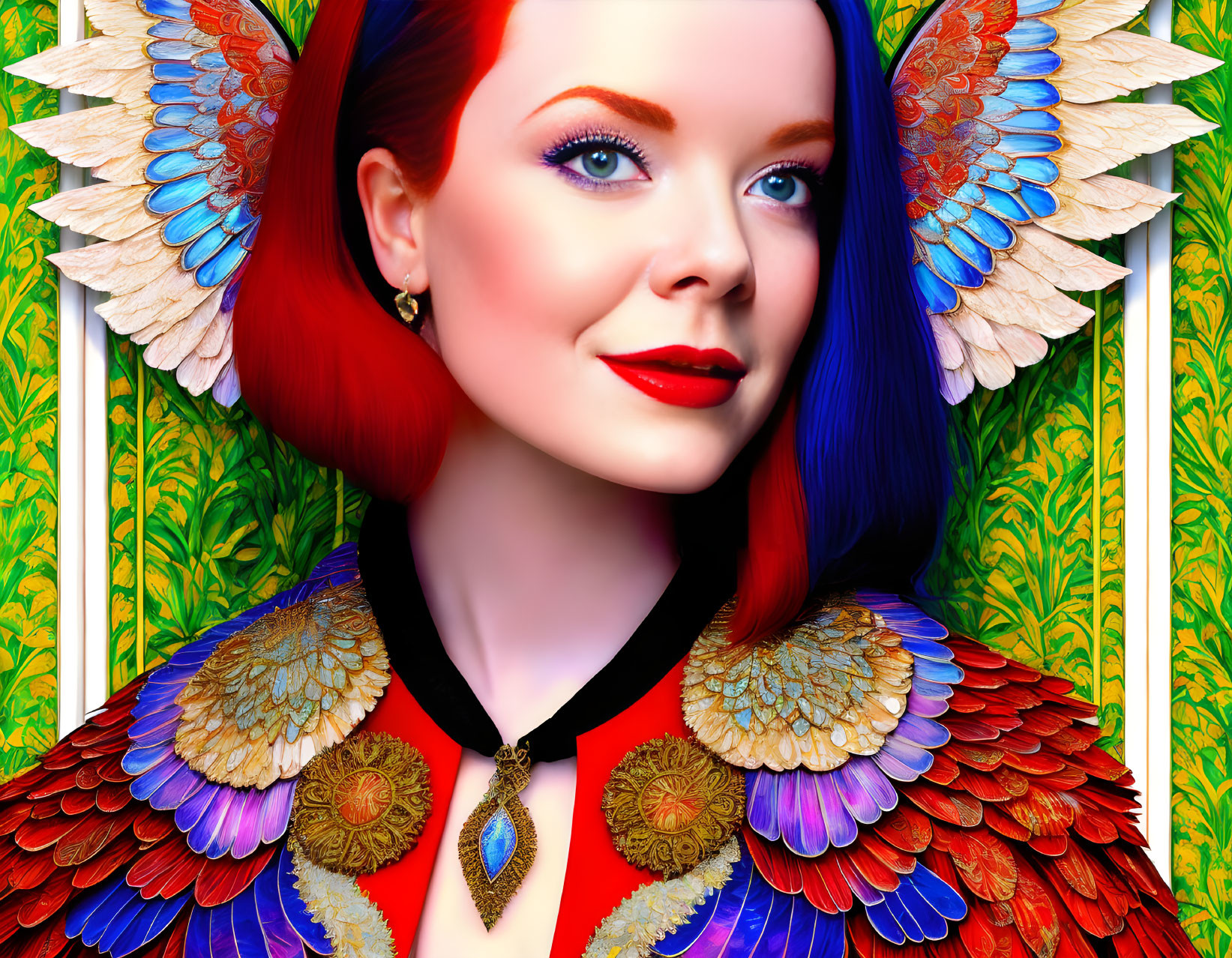 Colorful digital portrait of a woman with red and blue hair and intricate golden patterns