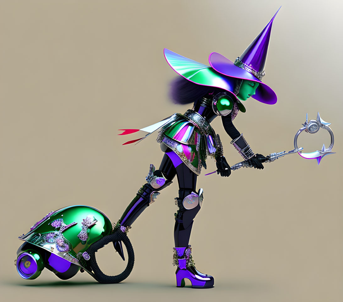 Futuristic witch in shiny armor with staff next to high-tech vacuum cleaner