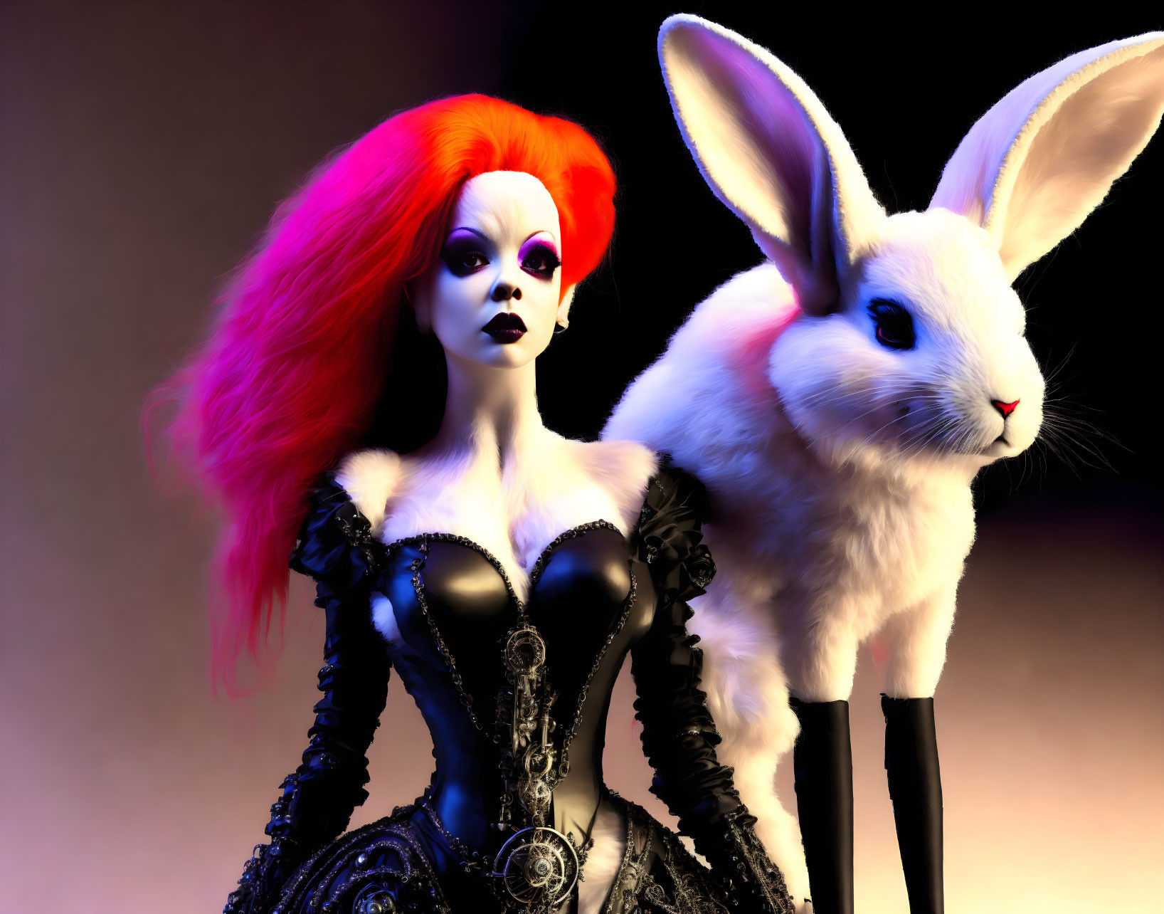 Stylized image of woman with crimson hair and white rabbit on gradient background