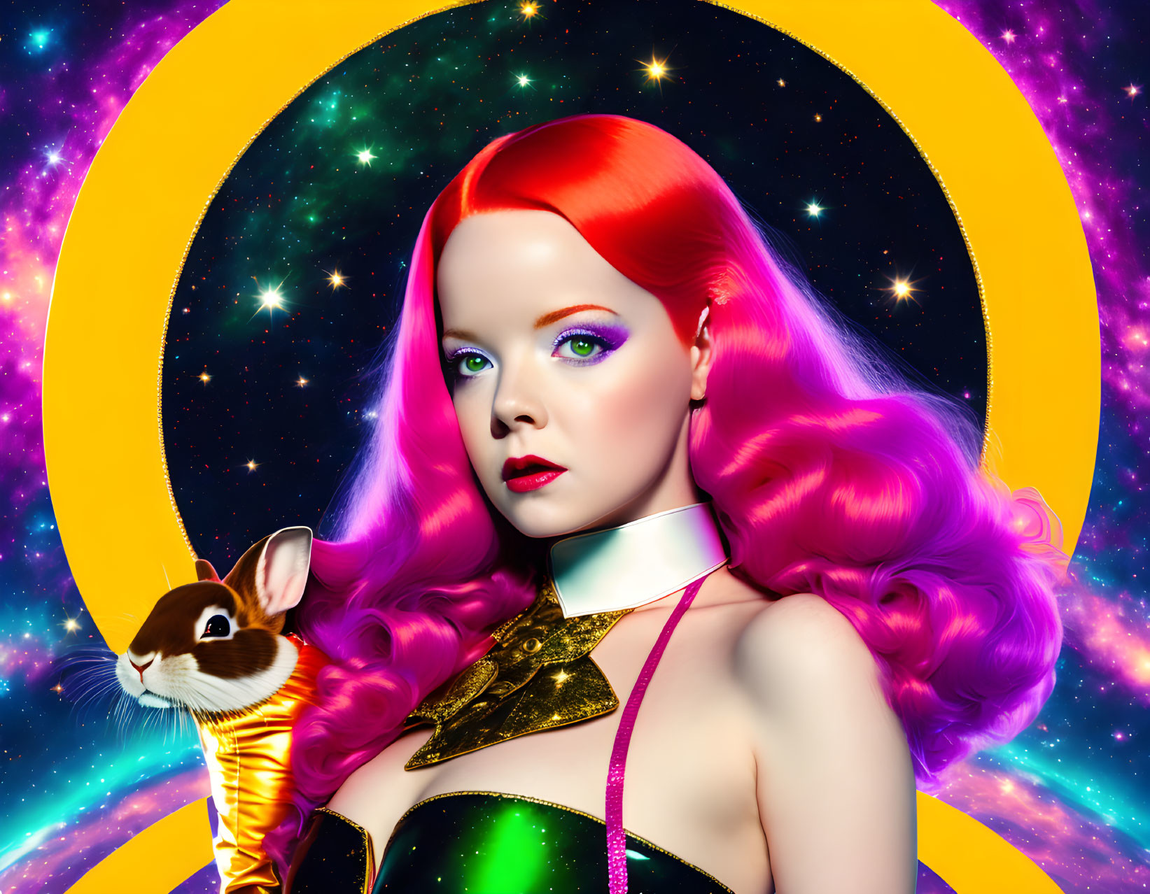 Vibrant pink hair woman with green eyes and chipmunk in cosmic setting