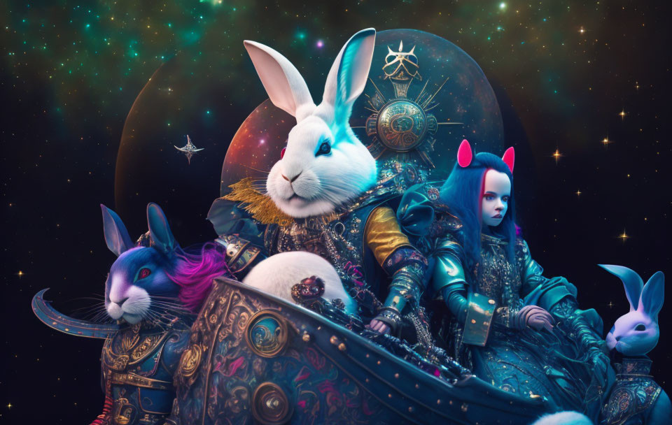 Anthropomorphic rabbits in elaborate armor under a cosmic backdrop