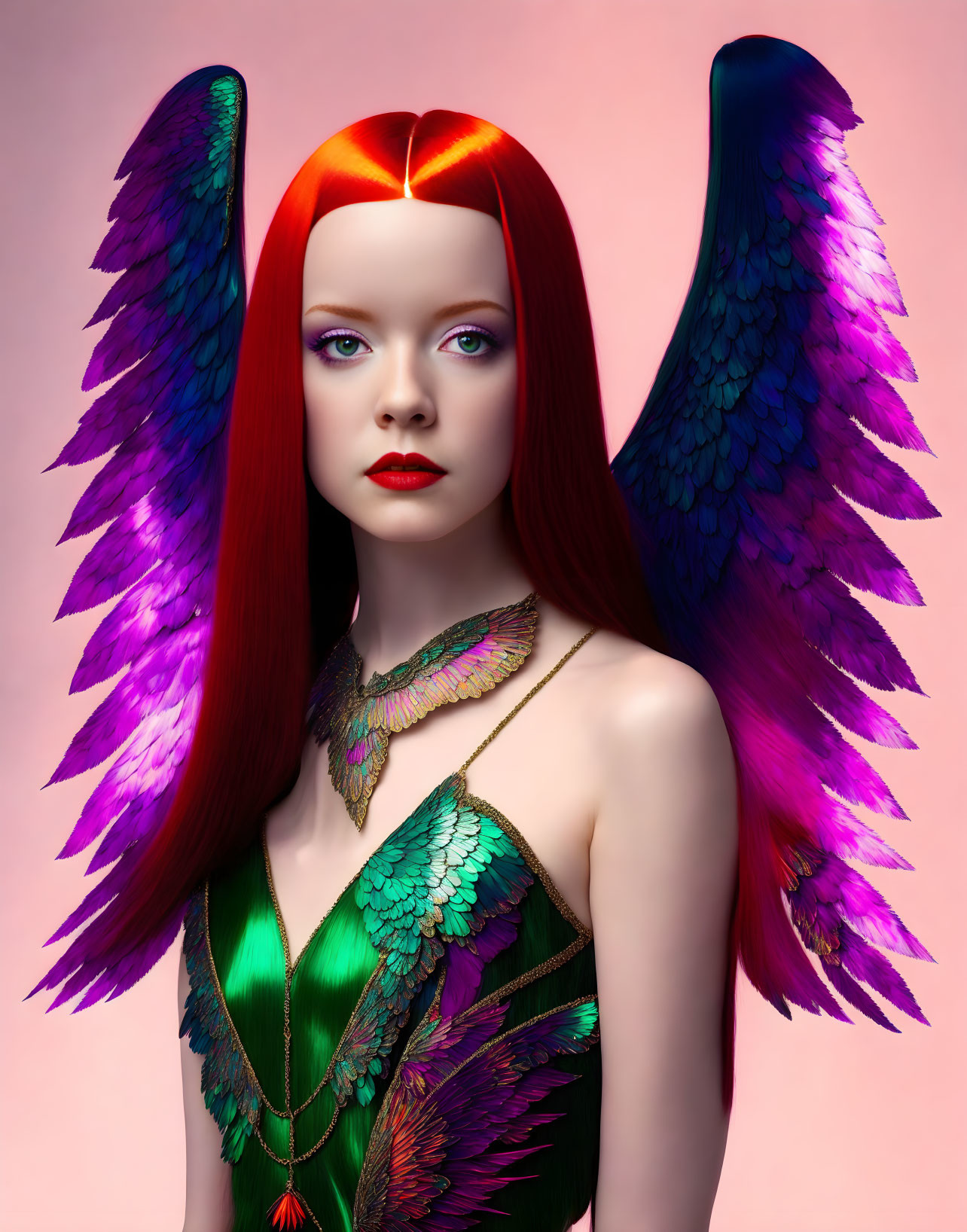 Vivid red hair woman with purple wings and green outfit on pink background