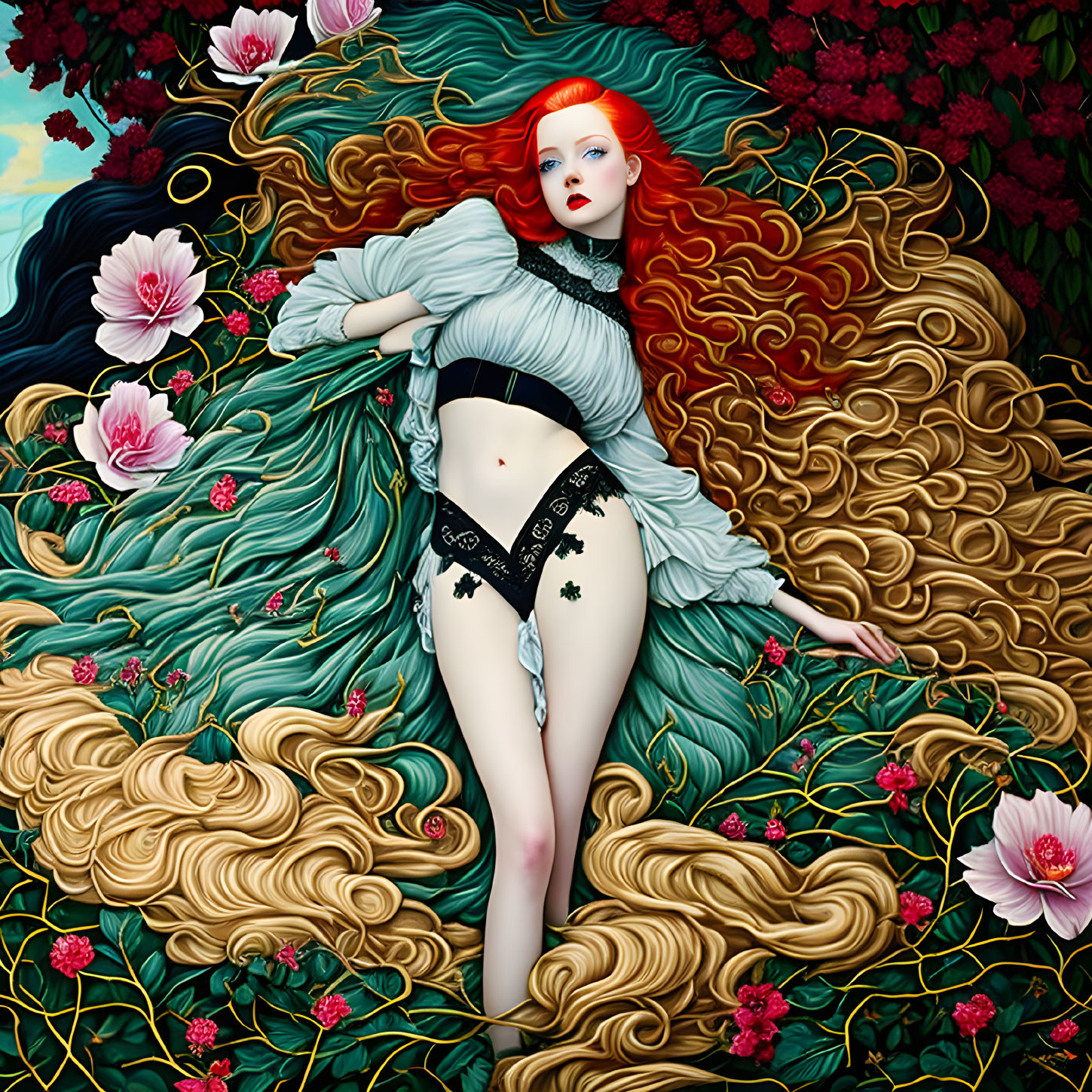 Stylized art nouveau illustration of a red-haired woman in floral setting