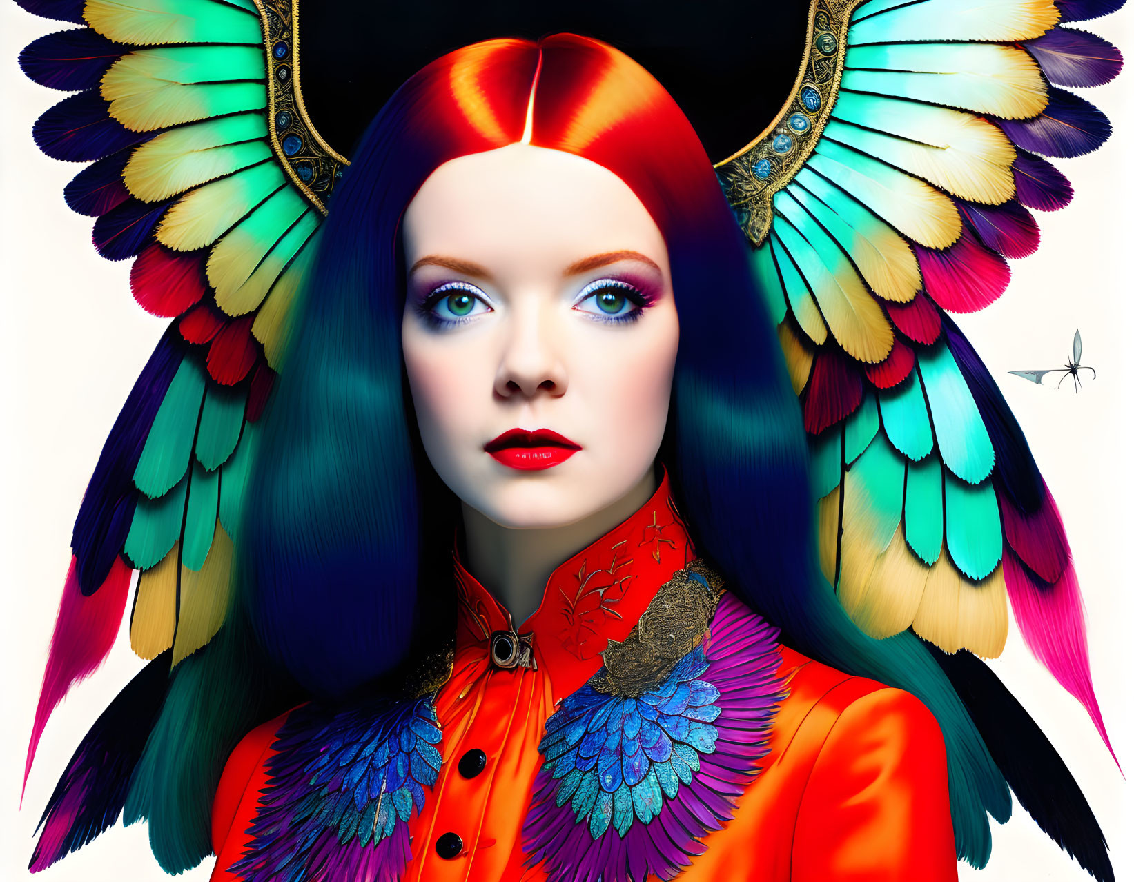 Colorful digital artwork of a woman with multicolored wing hair, blue eyes, and orange feather