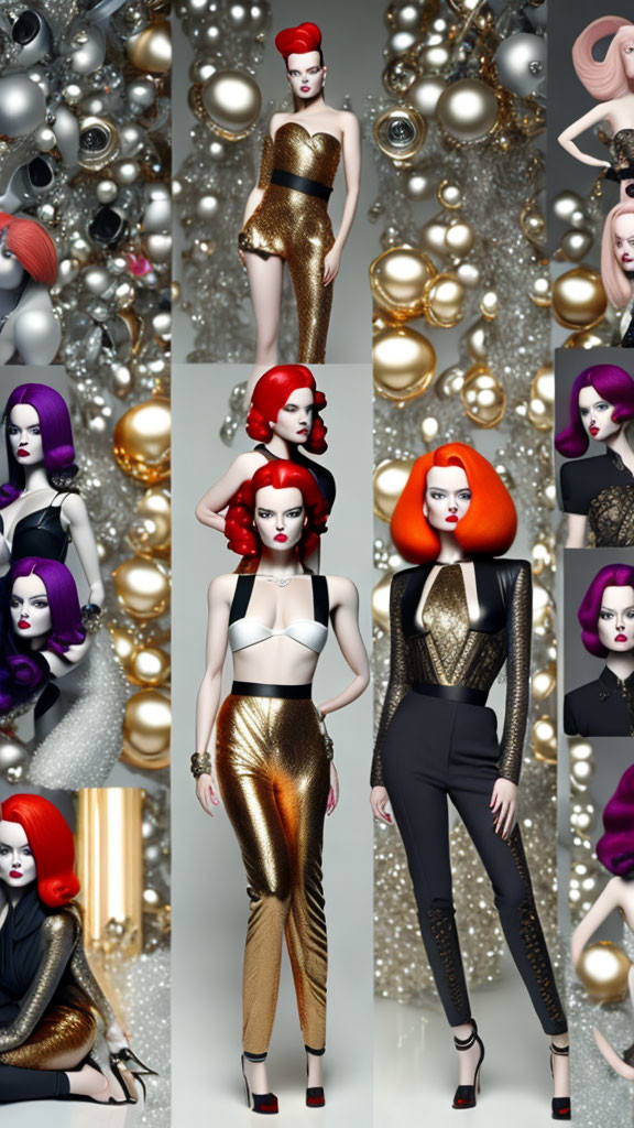 Stylized female figures with bold hair and chic outfits among shimmering baubles and pearls