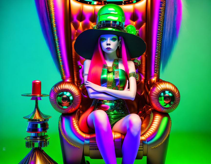 Colorful futuristic portrait with neon makeup and clothing on vibrant backdrop