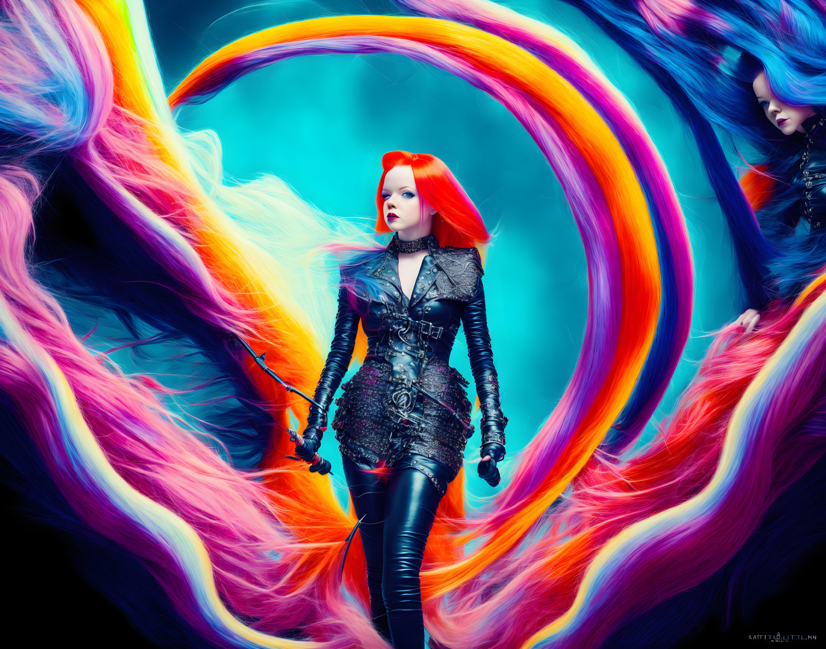 Colorful digital artwork: Red-haired woman in gothic attire surrounded by neon lights