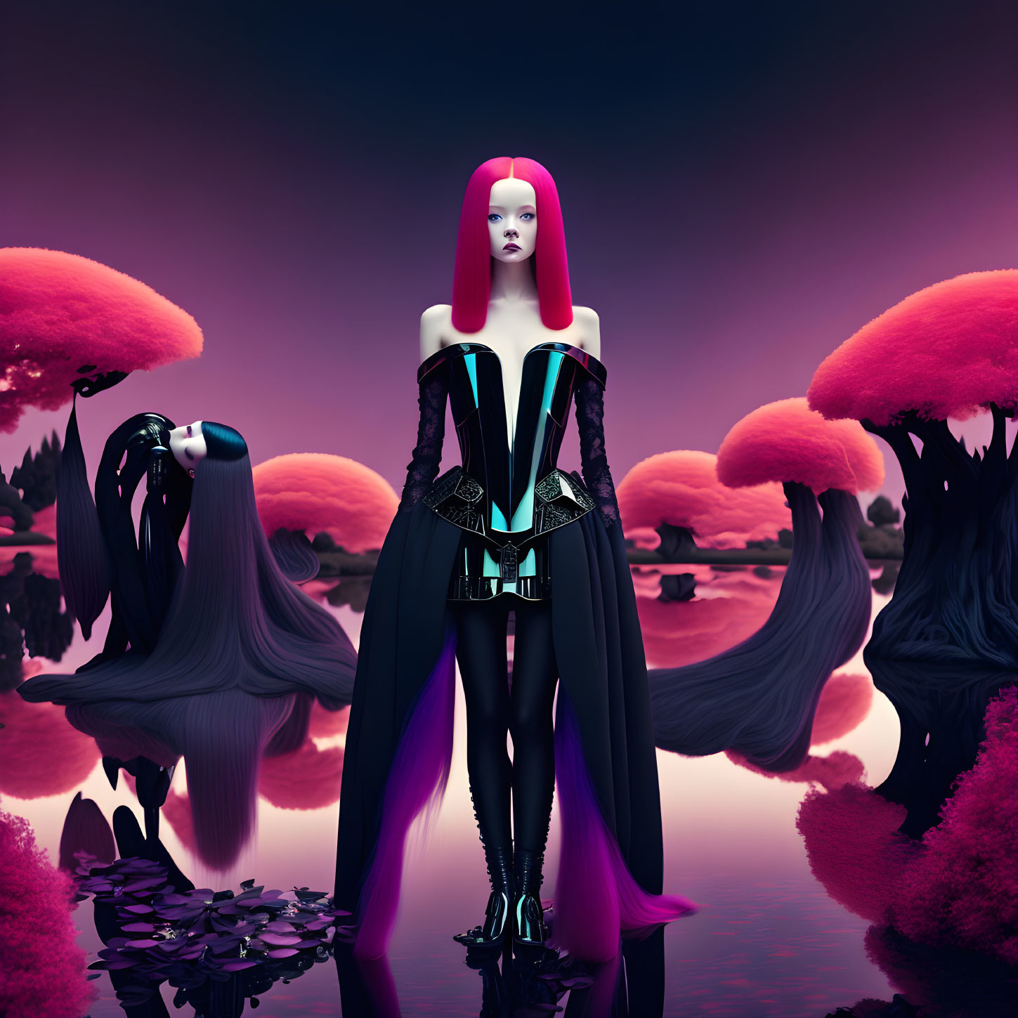 Stylized female figure with pink hair in black dress on surreal purple landscape