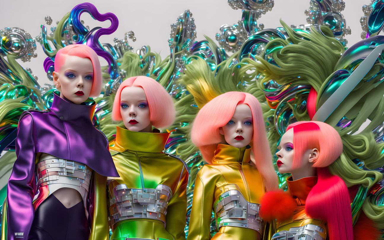 Vibrant mannequins in futuristic attire against swirling shapes