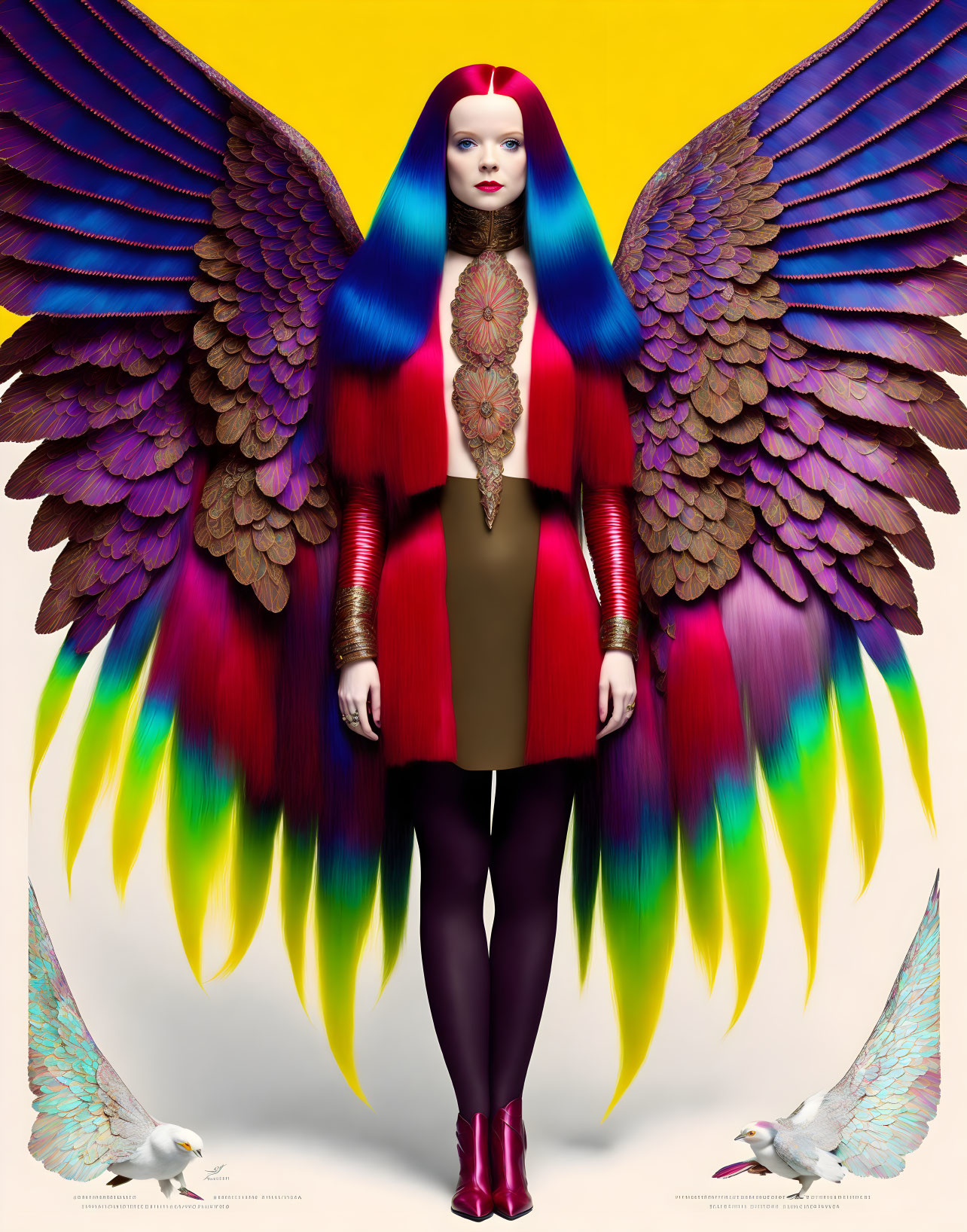 Woman with Multicolored Wing-Like Hair Extensions and Body Paint Poses with Pigeons on