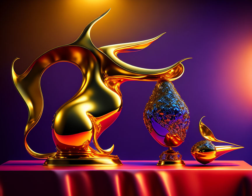 Golden abstract sculptures on purple background with central blue and gold piece, set on red cloth surface.