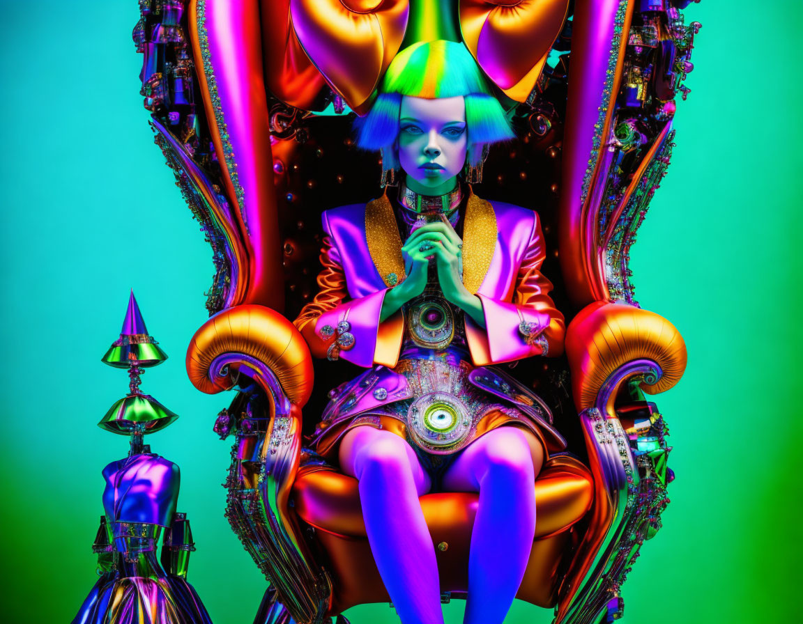 Stylized figure with green hair on a throne in rich purples and golds