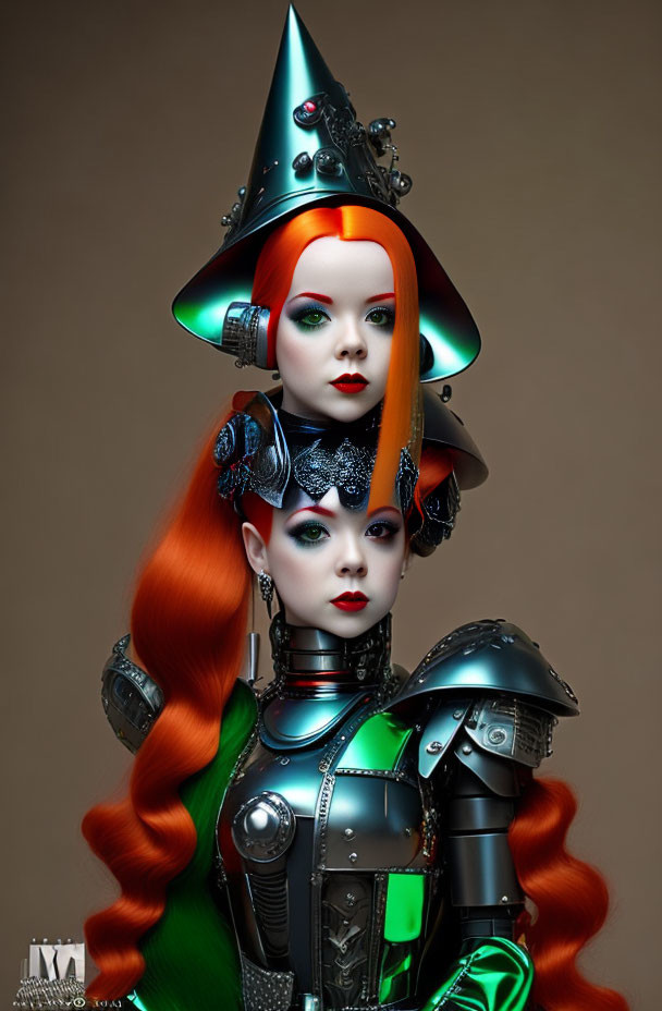 Futuristic female figures in sci-fi armor with red hair