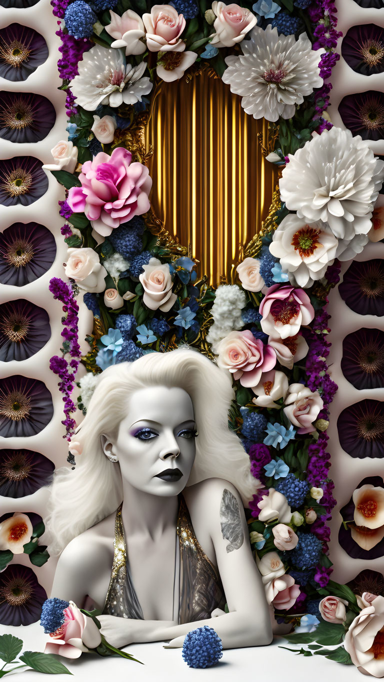 Woman with white hair and striking makeup surrounded by colorful flowers and golden mirror.