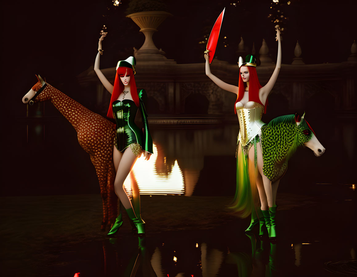 Two women in green showgirl costumes with hats posing next to painted giraffe and horse statues by water