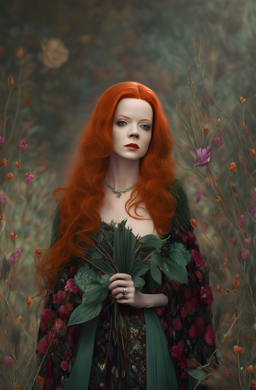 Red-haired woman in dark green dress surrounded by dreamy florals