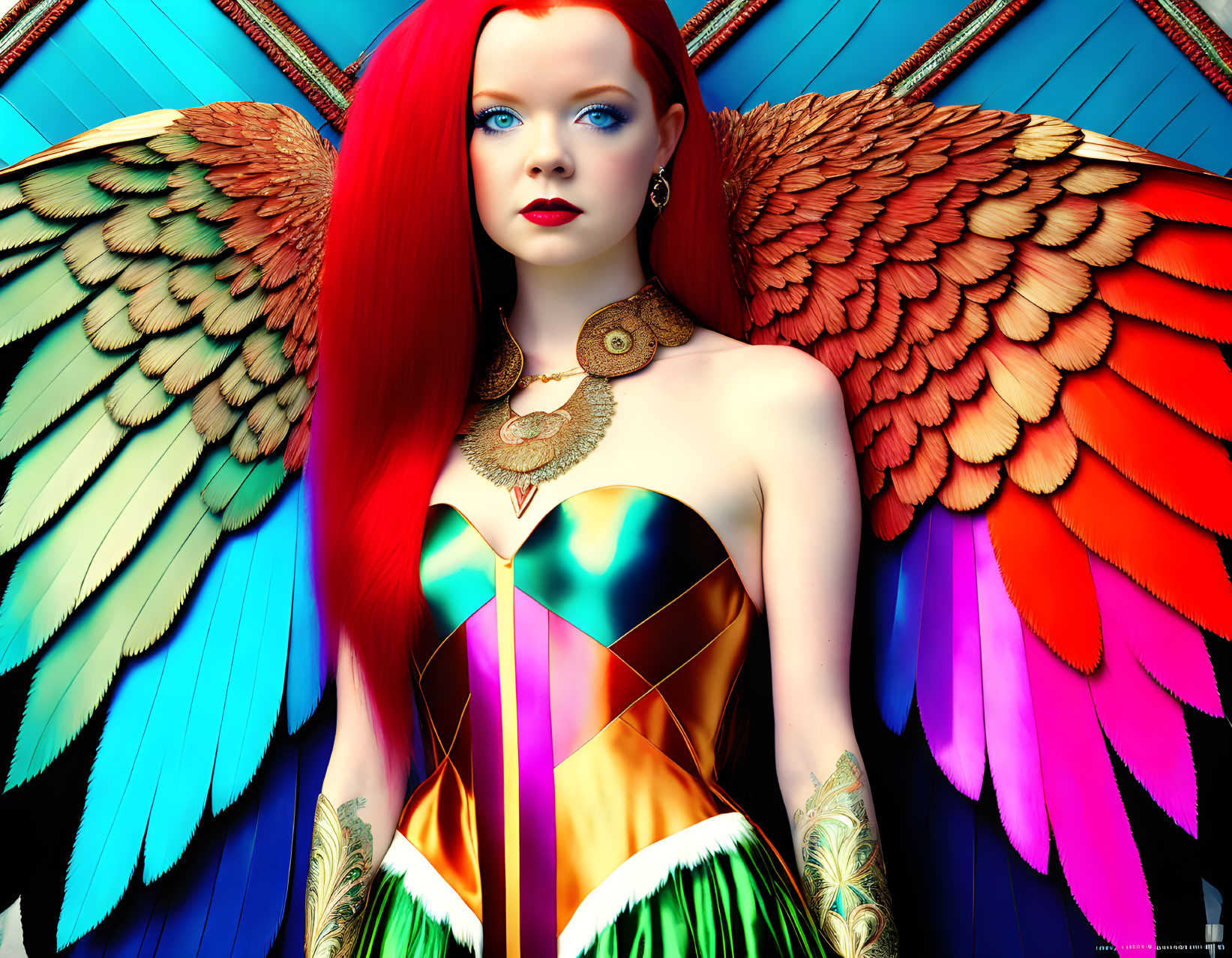 Colorful digital artwork of a woman with red hair, blue eyes, multicolored wings, and