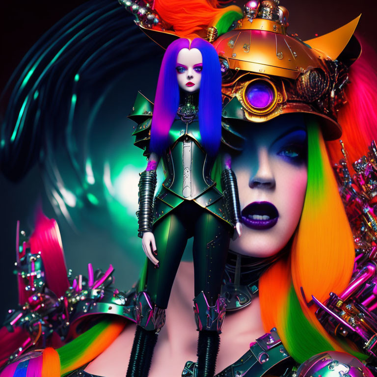 Fantasy figure with purple hair in futuristic armor on rainbow background