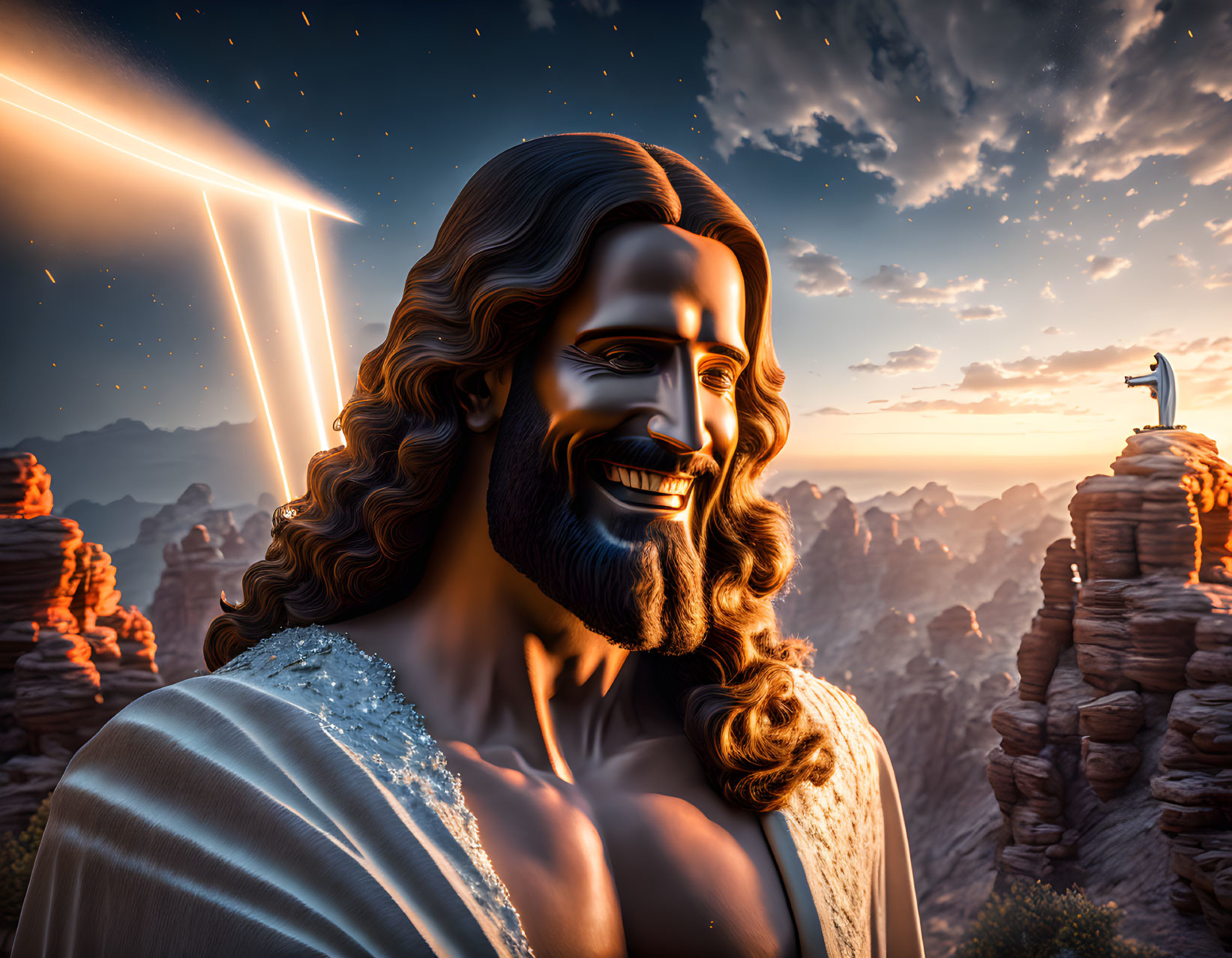 Smiling bearded male in white attire against rocky sunset backdrop