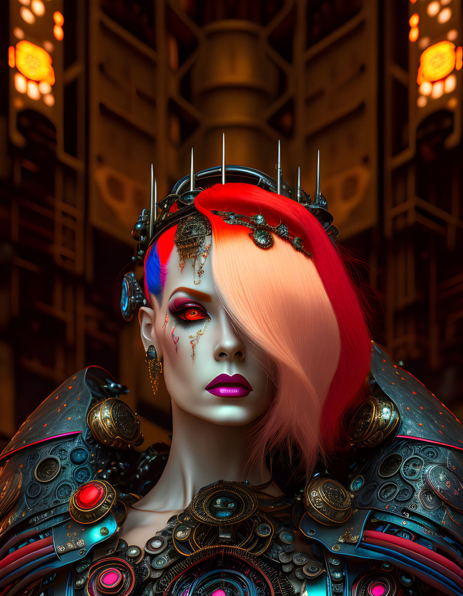 Colorful makeup and spiked halo: Futuristic woman with red and white hairstyle and intricate shoulder armor in