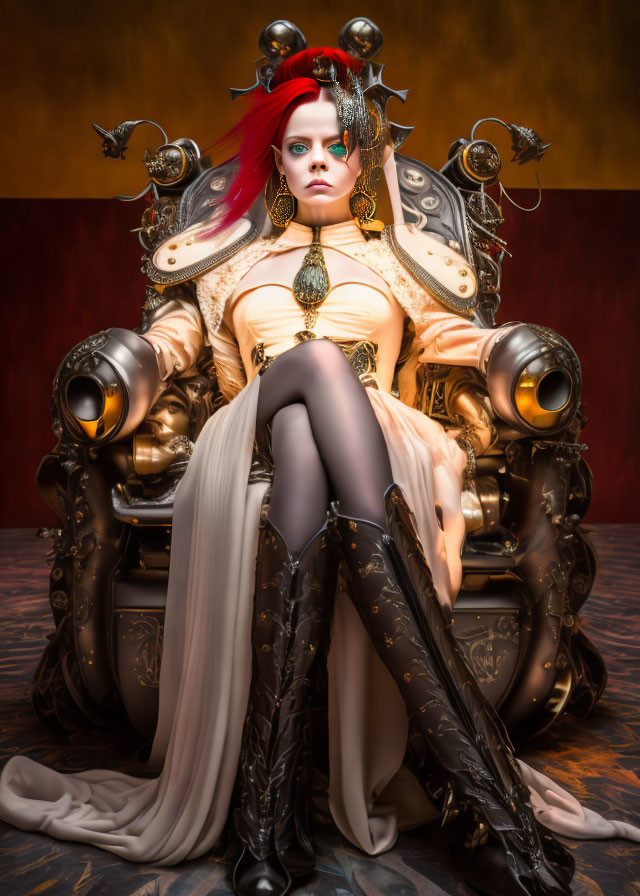 Elaborate fantasy costume with metallic armor, red hair, and makeup on regal figure against warm