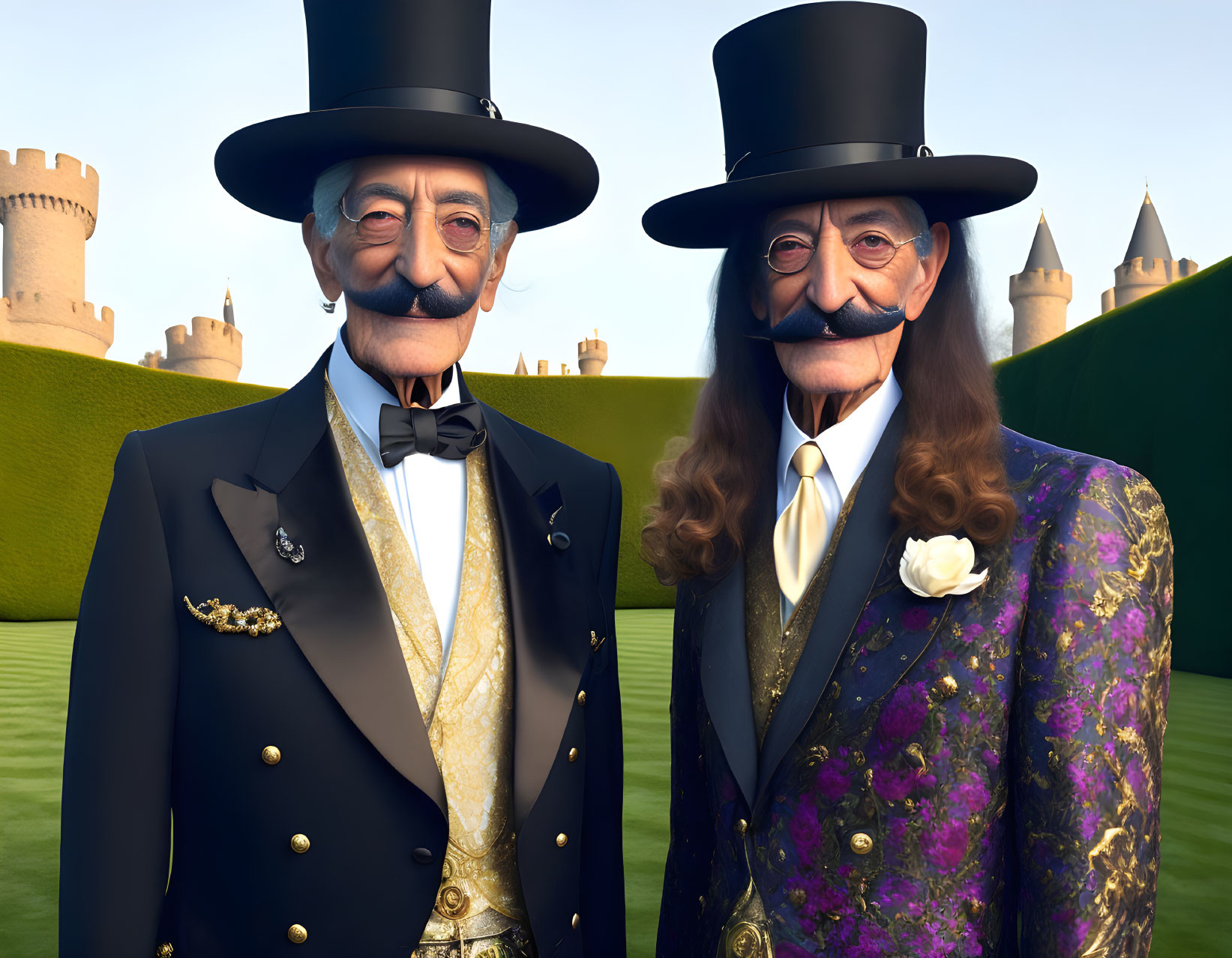 Exaggerated facial features on gentlemen in formal attire at hedge maze