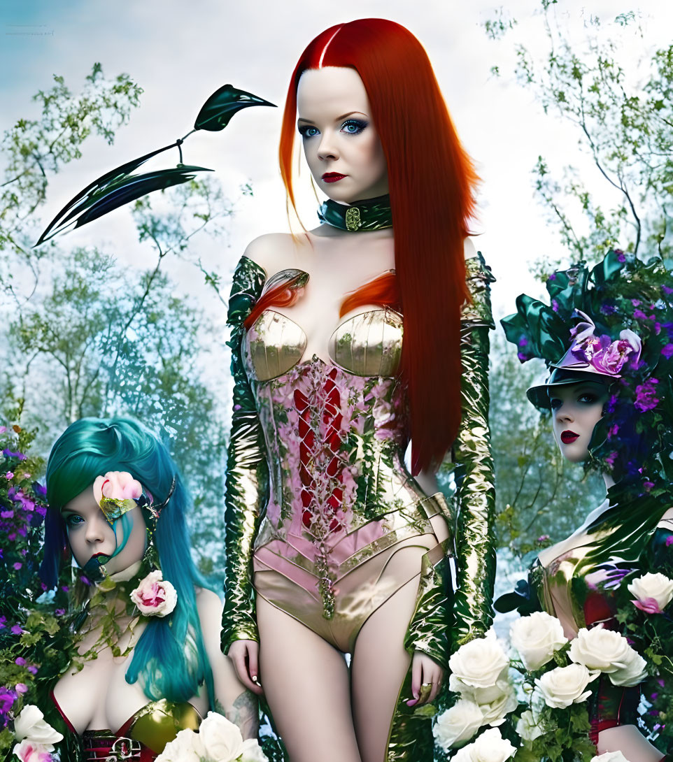 Three women with vibrant hair in mystical forest surrounded by white roses and bird.