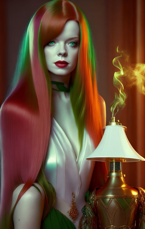 Multicolored Hair Woman with Red Lipstick and Smoking Lamp